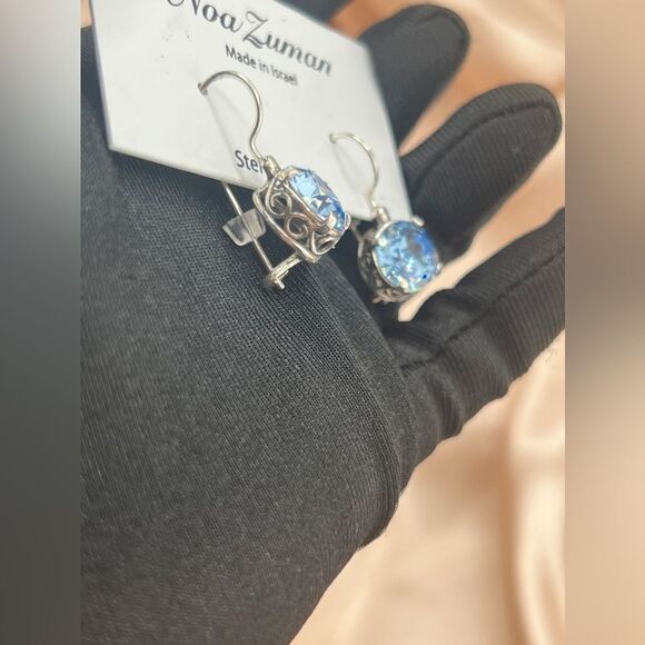 Sterling Silver Round Blue Stone Drop Earrings by Noa Zuman - Picture 5 of 5